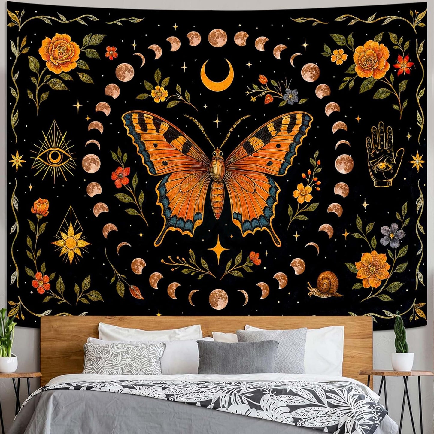Lunerfex Moon Phase Butterfly Floral Wall Tapestry, Celestial Botanical Tapestries for Room Decor, Mystical Tapestry 90x70 Inch