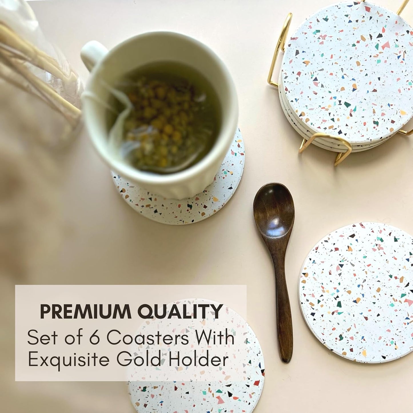 Terrazzo Drink Absorbent Coasters with Holder Set of 6, Ceramic Coaster for Drinks, Coffee Table Decor, Water Absorbing Stone Coaster for Drinks (Confetti)