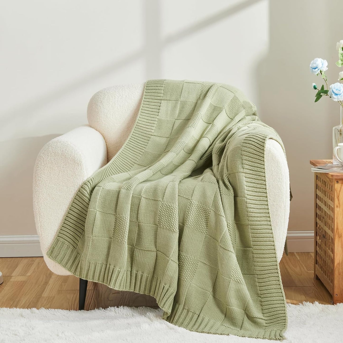CozeCube Check Knit Throw Blanket, Sage Green Checkered Throw for Couch, Decorative Christmas Soft Cozy Warm Knitted Blanket for Bed Sofa Living Room, 50"X60"
