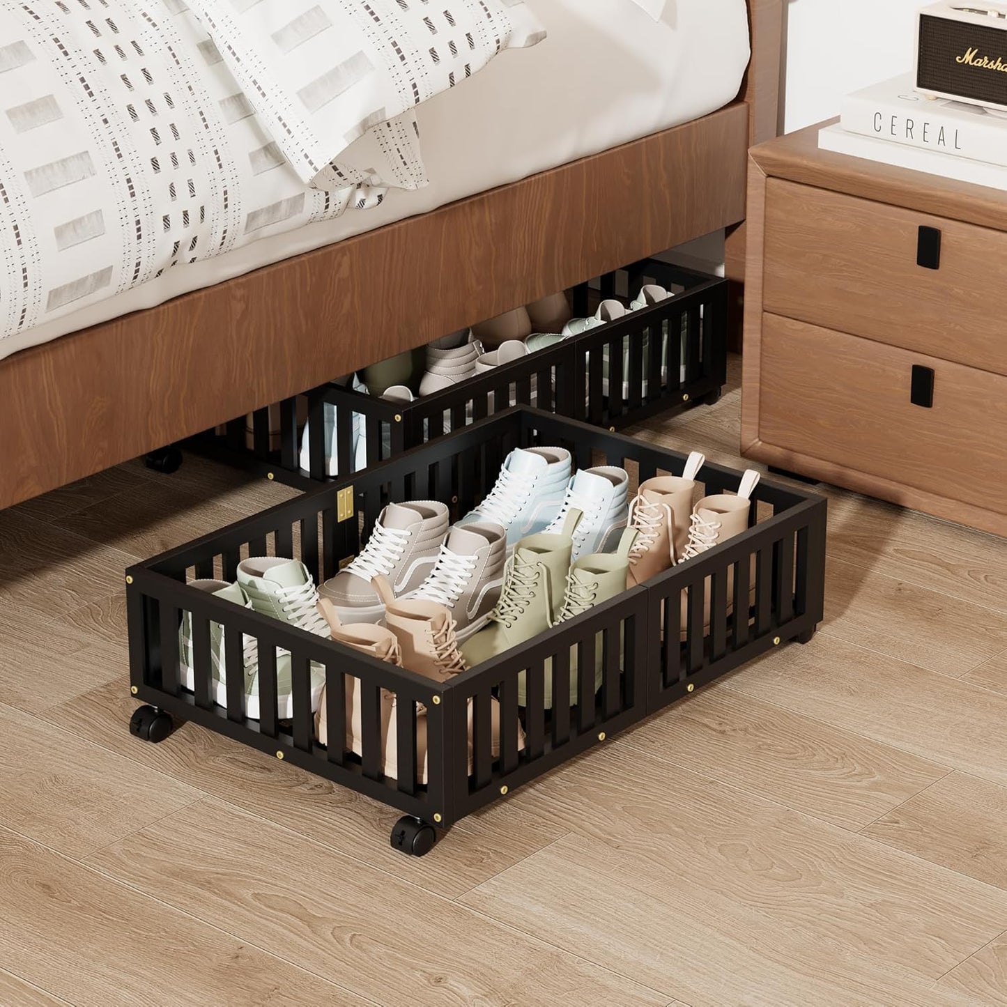 Bamboo Under Bed Storage with Wheels (2-Pack) – Rolling Underbed Shoe Organizer Box for Shoes, Blankets, Toys, Clothes Container Space-Saving Organizer Bins for Bedroom, Closet, Dorm, Nursery