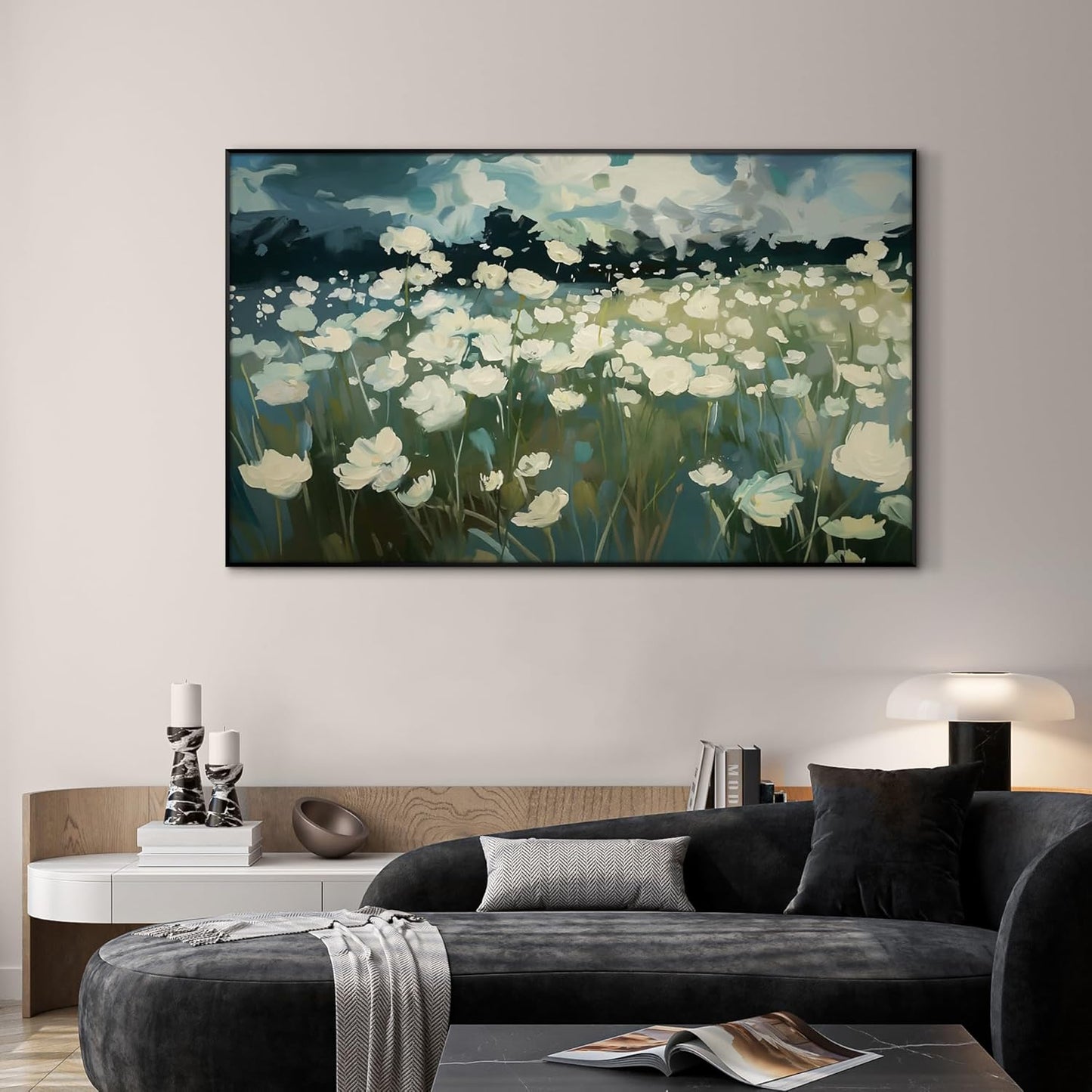 SIGNWIN 30"x60" Extra Large Framed Wall Art White Wildflower Field in Impressionist Style, Soft Floral Landscape for Home Living Room Bedroom Decor (Frame Assembly Required)