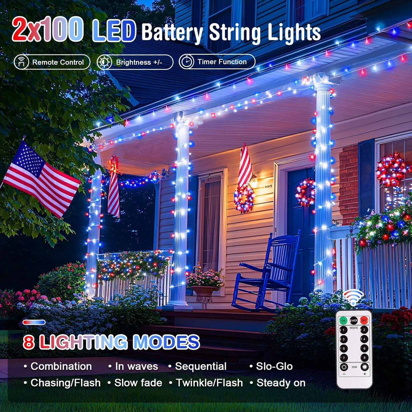 JMEXSUSS 2 Pack Red White and Blue Lights Outdoor, 33ft 100 LED 4th of July Lights Battery Operated, 8 Modes Patriotic Decorations for Indoor Outside Independence Day American Flag Holiday