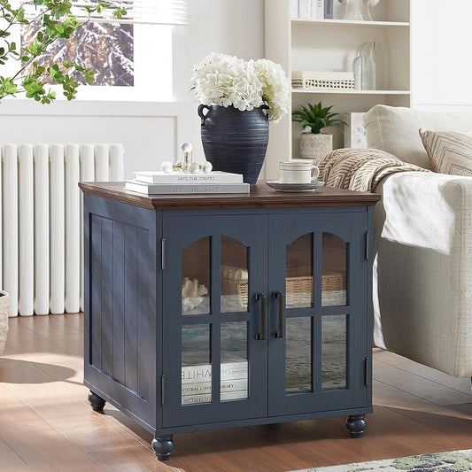 Farmhouse End Table with Charging Station,24" Large Sofa Side Table with Glass Barn Door,Rustic Wood Night Stand with Adjustable Storage Shelf,Square Bedside Table for Living Room,Bedroom Office