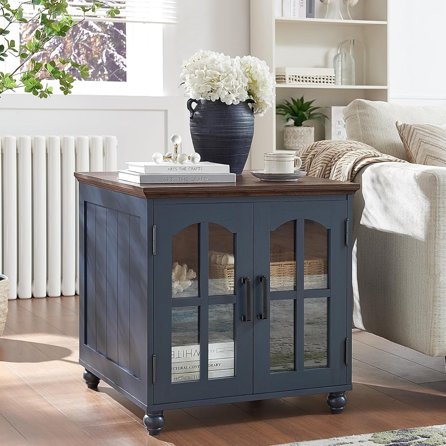 Farmhouse 24" End Table Set of 2 with Charging Station, Large Sofa Side Table with Glass Barn Door,Wood Night Stand with Adjustable Storage Shelf,Square Bedside Table for Living Room,Bedroom