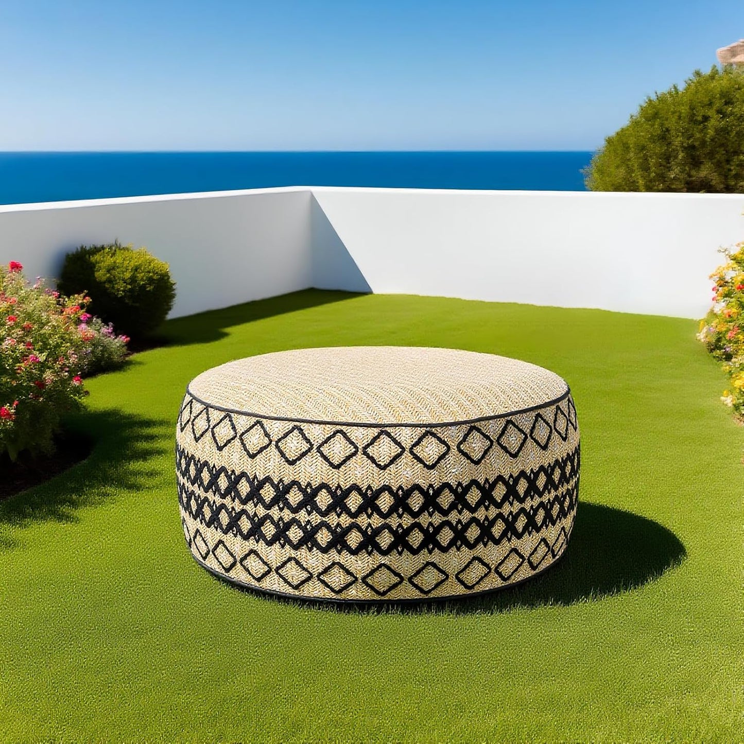 Outdoor Inflatable Ottoman with Air Pump, Embroidery Patio Footrest Stool D21”x H9”, Round Pouf Ottoman with Portable Handle Suitable for Garden, Camping, Bedroom, Living Room
