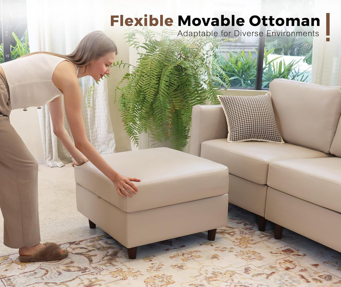 118.5" Faux Leather Modular Sectional Sofa, L Shaped Couch Set for Living Room, 7-Seater Comfy Cloud Couches with Storage Seat Whitesand