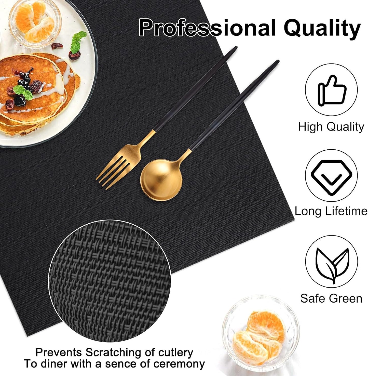 Vinyl Placemats Set of 8, PVC Woven Washable Non-Slip Table Mats, Heat Resistant Wrinkle Free Place Mats for Dining Table, Easy to Clean (8, Black)
