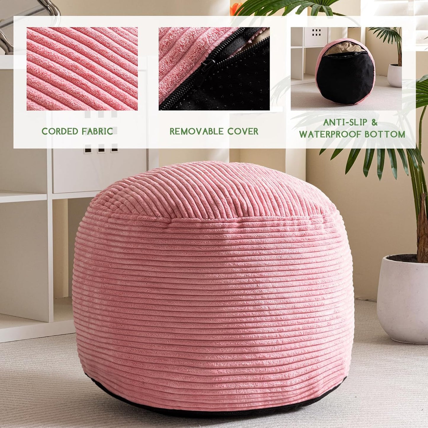 HIGOGOGO Round Stuffed Pouf Ottoman, Corduroy Poufs with Foam Chunk Filling, Furry and Fluffy Pouf Foot Stool Storage Ottoman, 26 X 18 Floor Poufs Foot Rest for Living Room, Pink