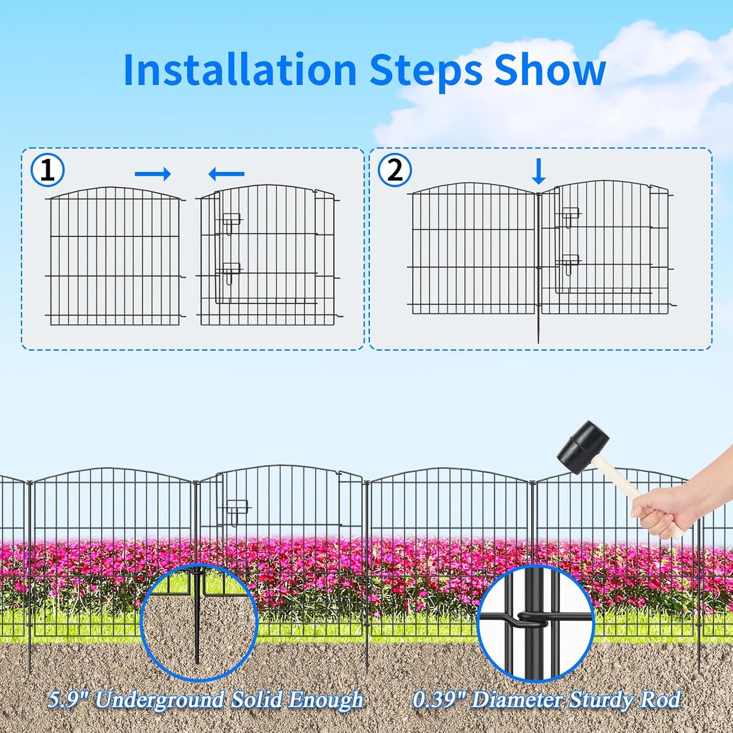 INJOPEXI Decorative Garden Fence 6 Panels 11.8ft (L)×24in (H) with 5 Panels 1 Gate Rustproof Wire No Dig Animal Barrier Fencing for Outdoor Backyard Black