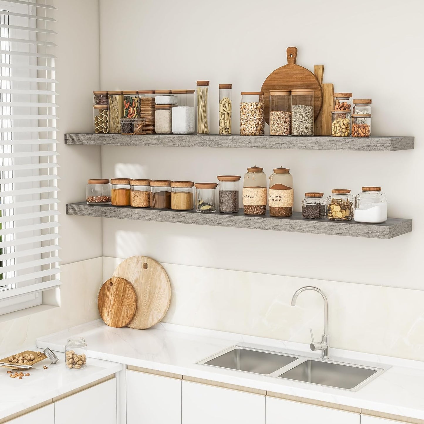 RICHFOCUS 72Inch Floating Shelves for Wall 2 Pack Shelves for Bedroom|Kitchen|Bathroom Wall Mounted Rustic Wood Floating Shelf with Invisible Brackets for Books|Storage|Decor, Grey