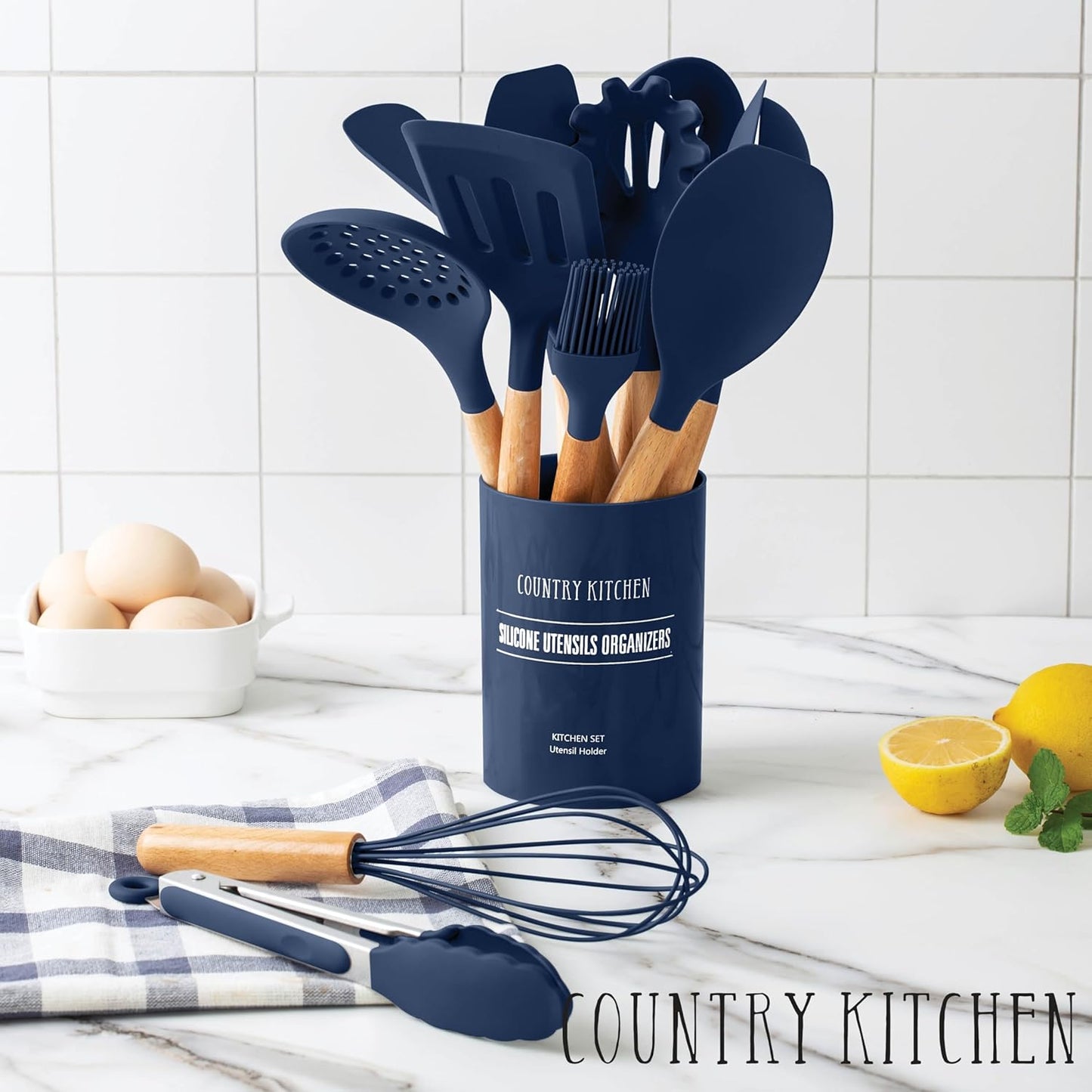 Country Kitchen Non Stick Silicone Utensil Set with Rounded Wood Handles for Cooking and Baking, 14 Piece Set, Navy