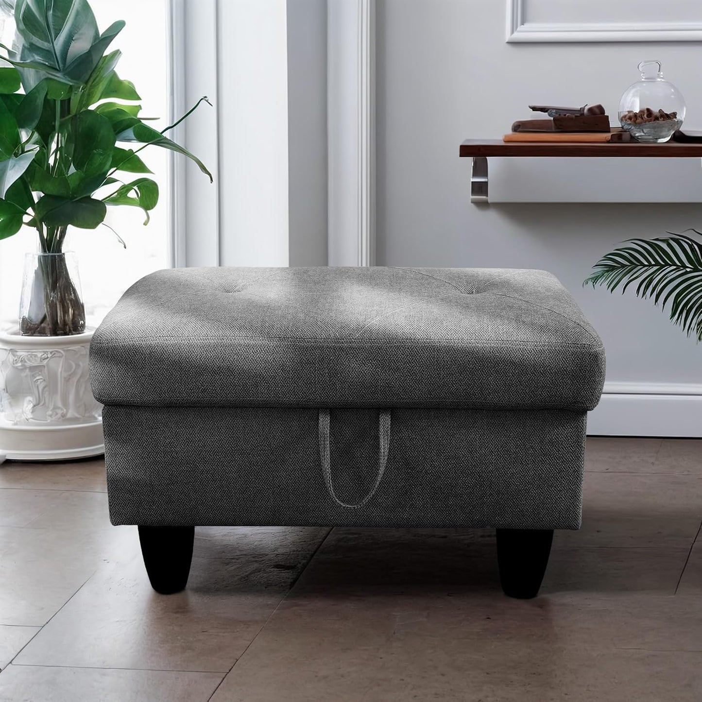 Ottoman Rectangular Storage Ottoman Bench, Flannel Footrest Stool Footstool with Lid for Living Room, Bedroom, Entryway, Black Gray, 28.5"x19"x17.5"