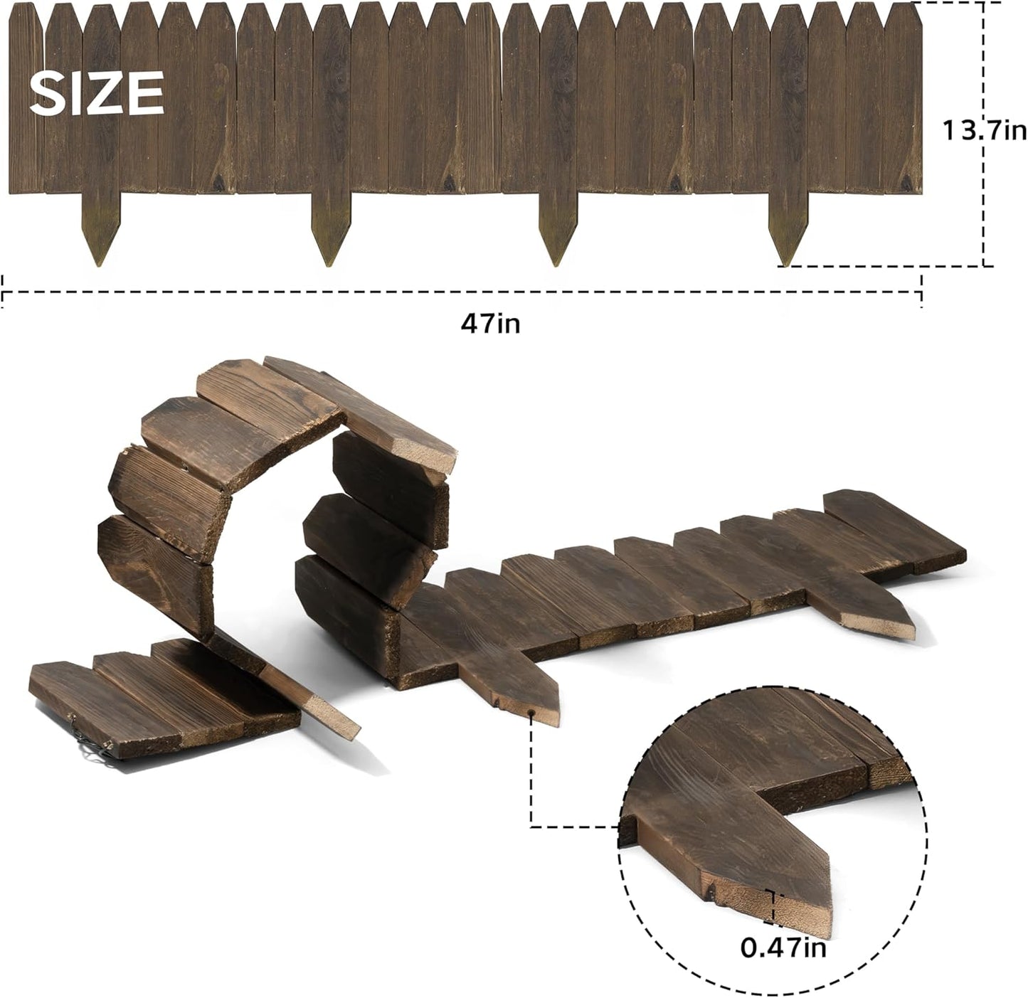 Wood Fence Border for Garden Beds – 9.8" H x 47" L Wooden Landscape Edging Panels, Rustic Decorative Outdoor Divider for Lawn, Path, and Yard Design (9-Pack)