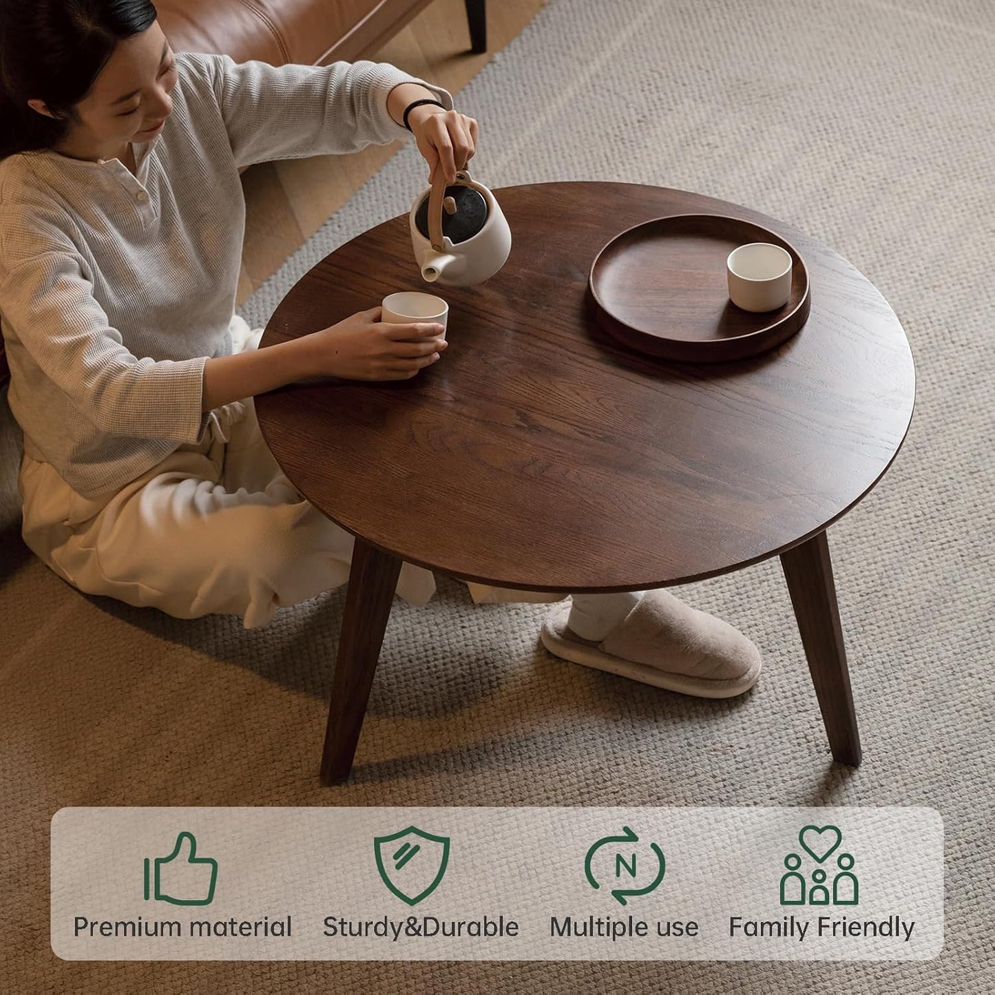 100% Solid Oak Wood Coffee Table Set, Round Coffee Table Combo Side Table w/Solid Wood Legs, Mid Century Table Sturdy Tables for Bedroom Balcony Living Room (Walnut, 3 Pieces)