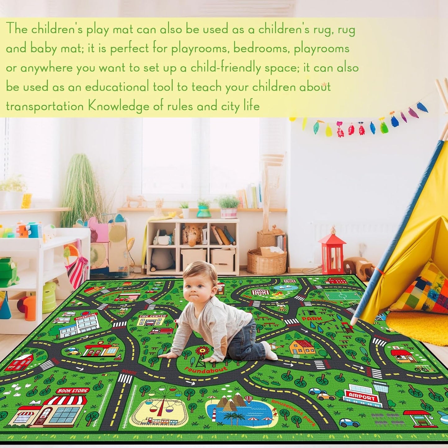 Kids Carpet Playmat Rug 4 x 6 ft Player Car Rug, City Life Traffic Road Map Mat Educational Game Area Mat for Toddler Children Playroom Classroom Bedroom(Green)