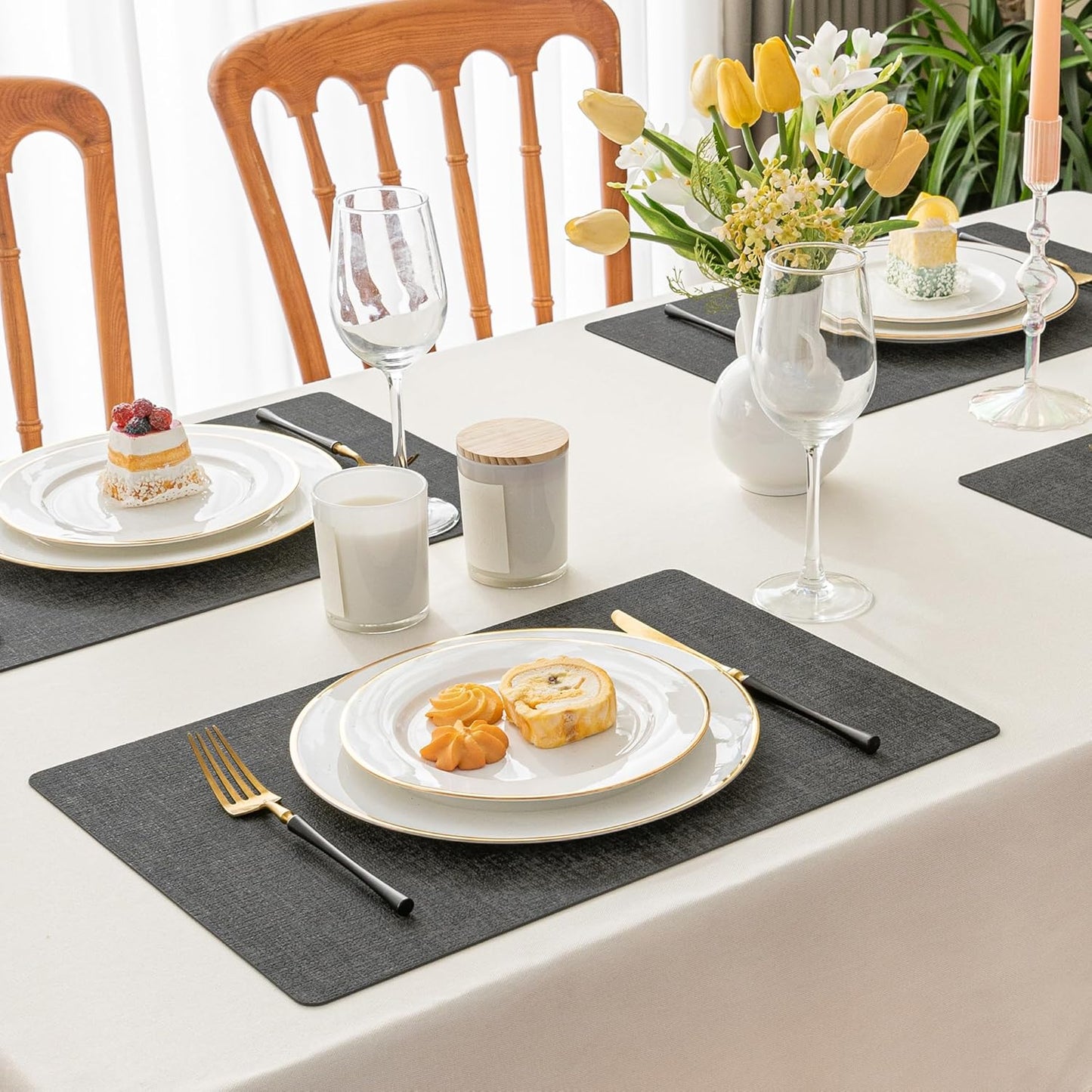 Romanstile Vinyl Placemats Set of 8-12 X 18 Inch - Heat Resistant Place Mats 100% Waterproof Oilproof Wipeable Reversible Faux Leather Table Mats for Kitchen/Dining/Party/Outdoor, Charcoal