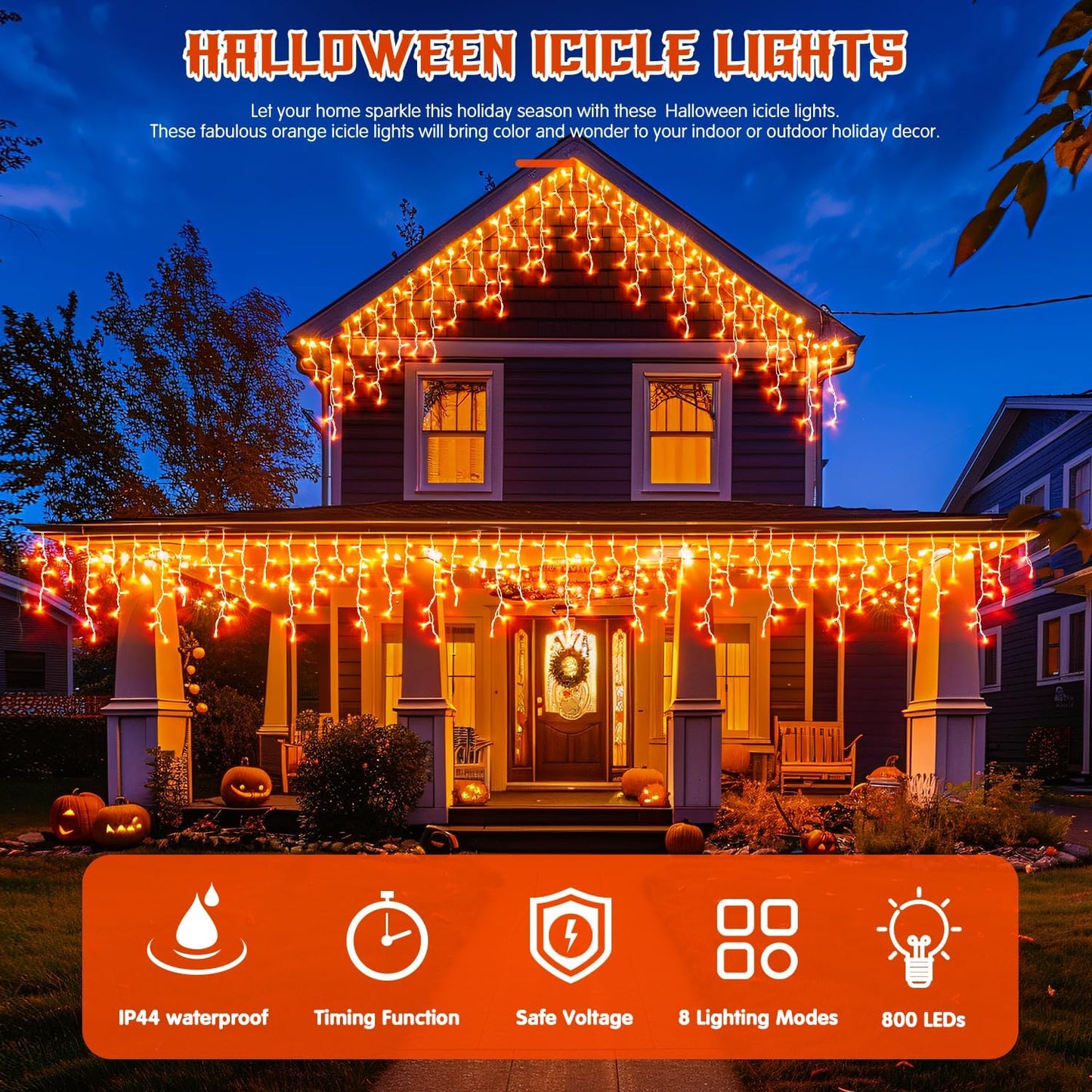 JMEXSUSS Orange Halloween Lights Outdoor, 800 LED Orange Icicle Lights Outdoor Waterproof, 8 Modes String Light Plug in for Fireplace Tree Garden Patio Thanksgiving Fall Halloween Decor
