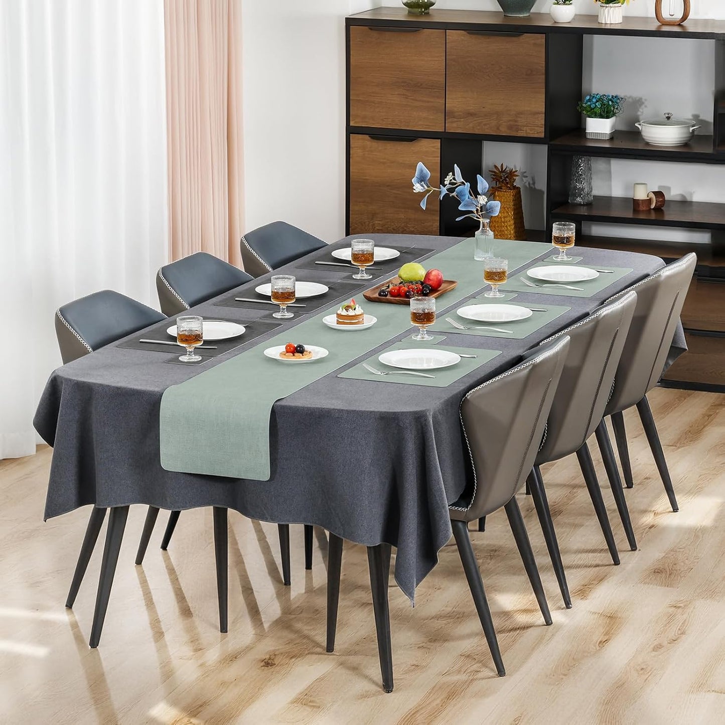 Myir JUN Dual Sided Faux Leather Placemats Set of 8 for Indoor Outdoor Dining Tables, Square Non-Slip Washable Wipeable Table Mats (Gray Sage Green, Set of 8)