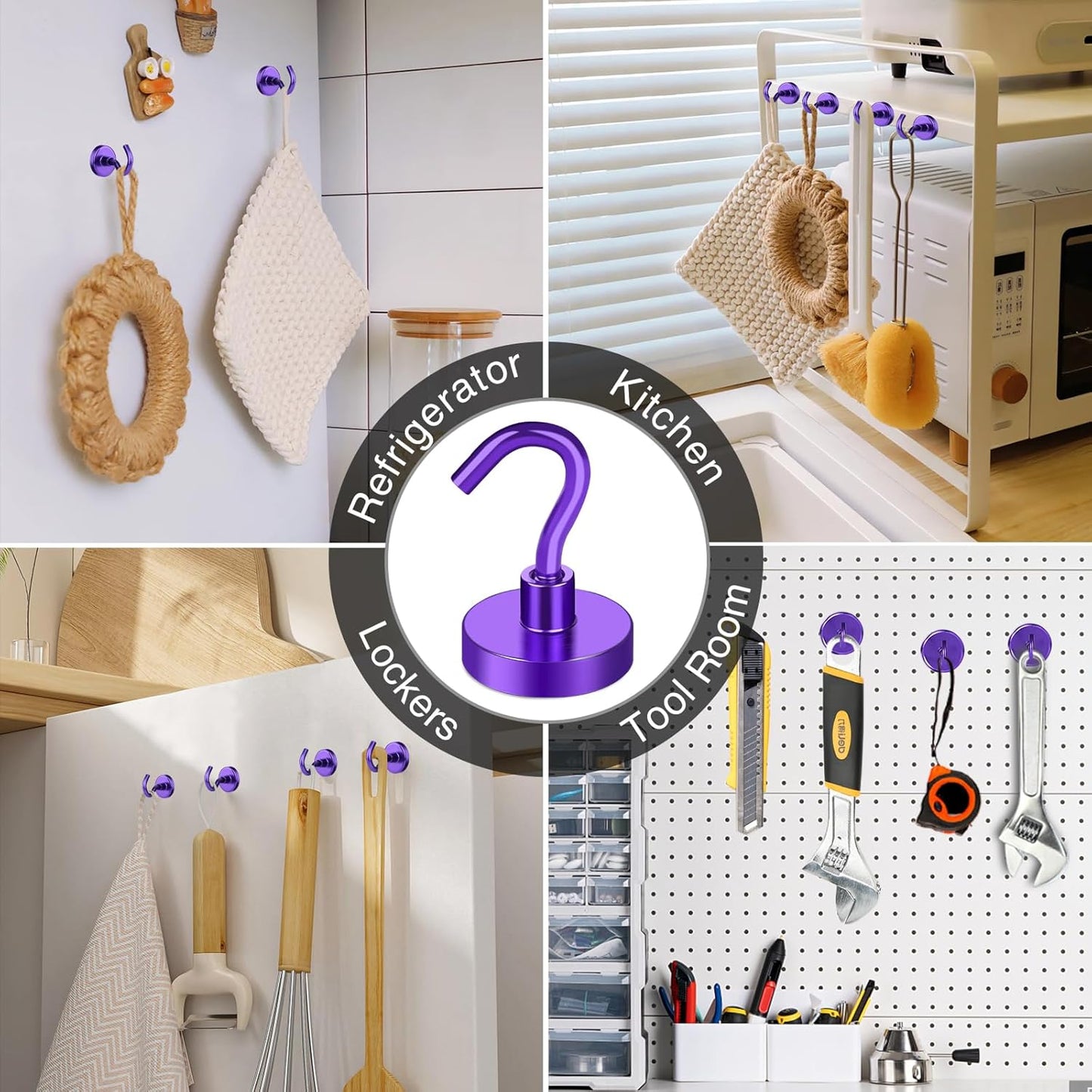 MIKEDE Magnetic Hooks, 40Lbs+ Heavy Duty Magnet Hooks for Cruise Cabins, Super Neodymium Hanging Hooks Strong Magnets with Hook for Fridge, Magnetic Hanger for Grill, Toolbox, Storage(Purple, 10 Pack)