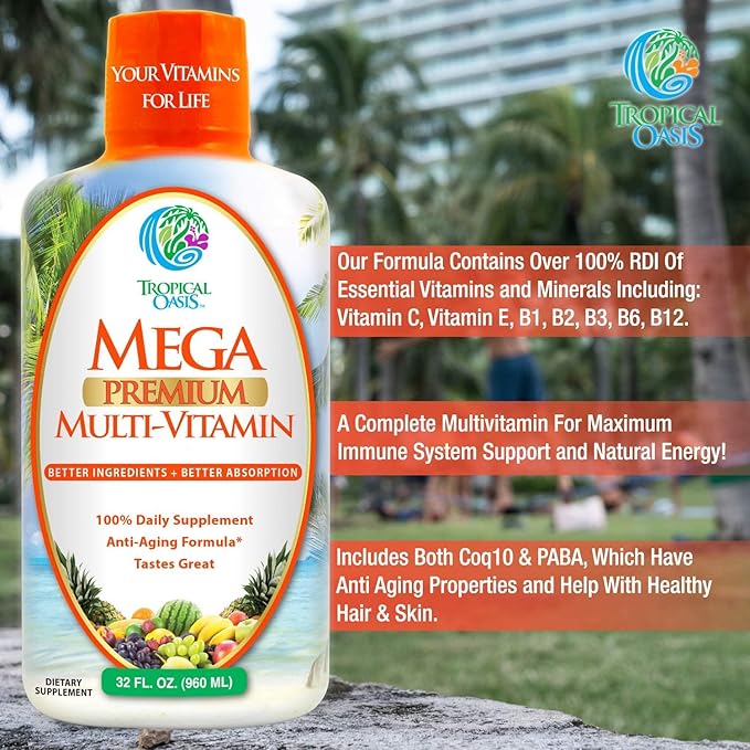Mega Premium Liquid Multivitamin 1333% Vitamin 200% D3, D3, Zinc 20 Vitamins, 70 Minerals, 21 Amino 98% Absorption 32 Serv
