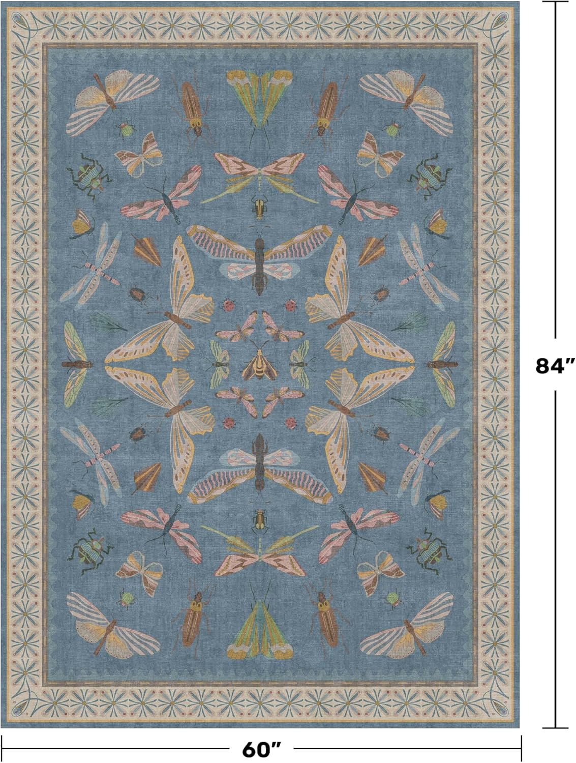 6x9 Blue Floral Rug for Dining Room Table - Area Rugs for Living Room, Bedroom, Insect Moth Art Nouveau Décor, Washable Lightweight Foldable Non Slip