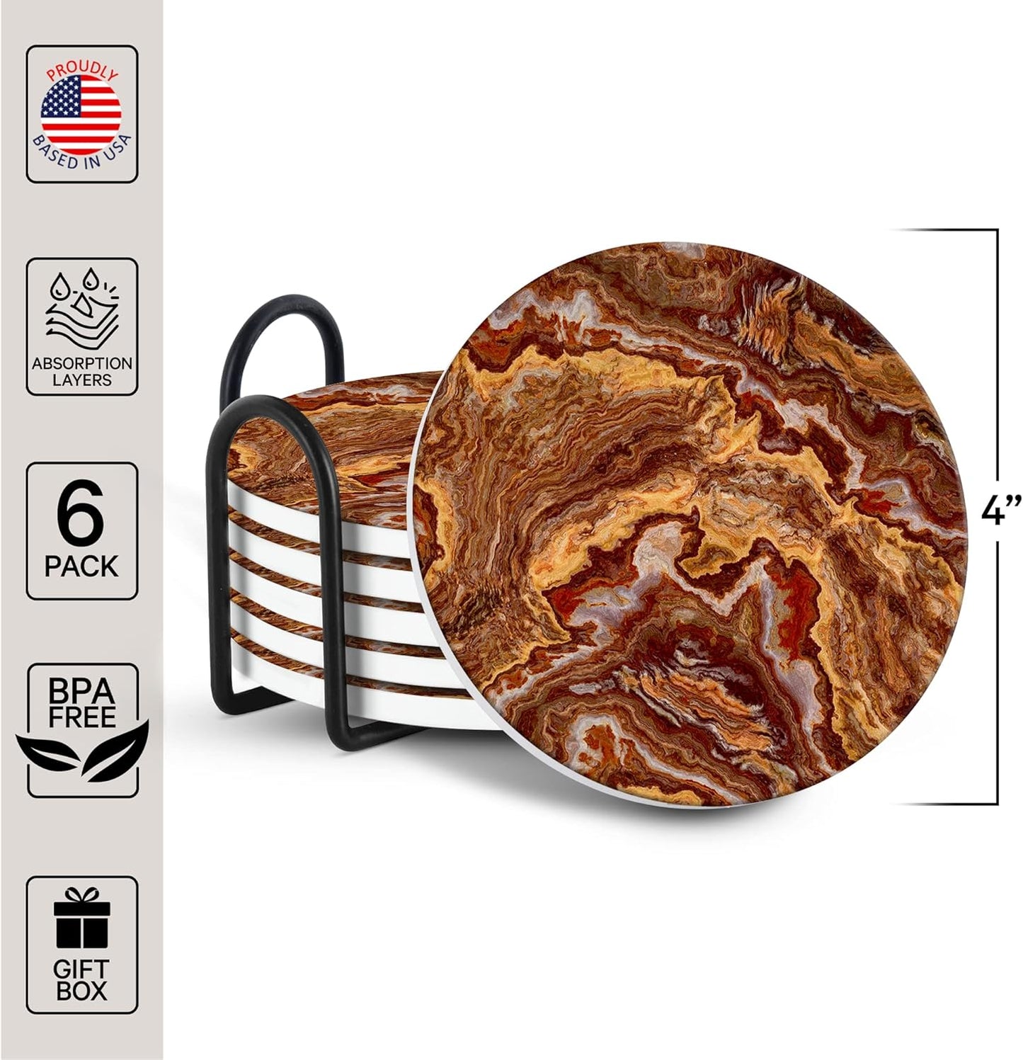 Emerson Coasters for Drinks Absorbent Set of 6 with Holder – Marble Style Coasters – Coasters for Drinks – Drink Coasters for Coffee Table – 100% Ceramic Stone Non Slip – Heavy Duty (Ember)