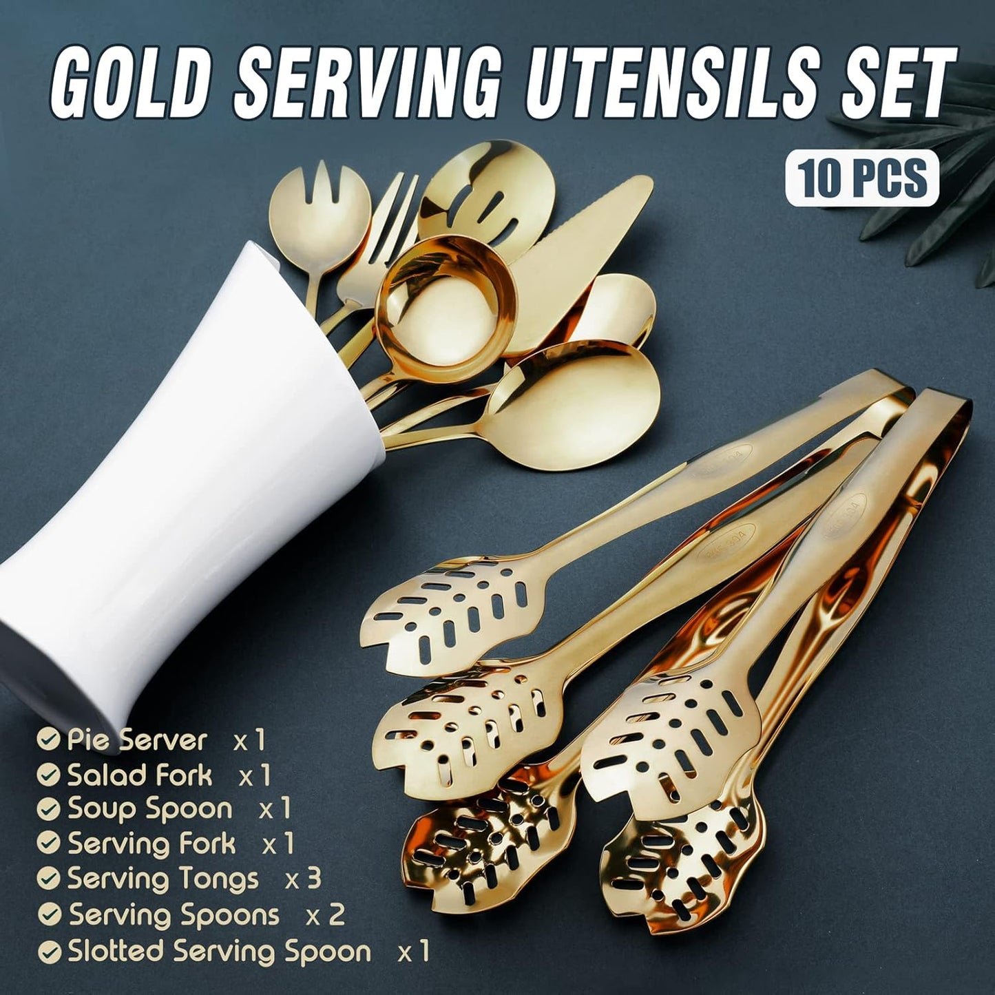Gold Serving Utensils, OGORI 10-Piece Polished Stainless Steel Gold Serving Utensils Set Include Serving Spoons, Slotted Serving Spoon, Serving Tongs, Serving Fork, Salad Fork, Soup Ladle, Pie Server