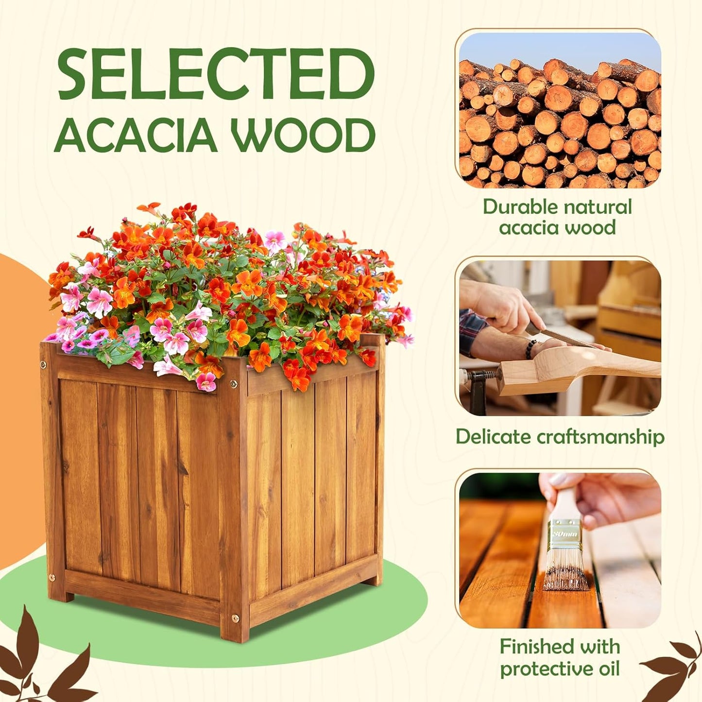 Idzo Set of 2 Hardwood Outdoor Flower Box, Durable Acacia Wood Flower Boxes for Outdoor Plants with Ergonomic Handles, Drainage Holes, Multiple Sizes Wood Bucket Planter for Home Décor