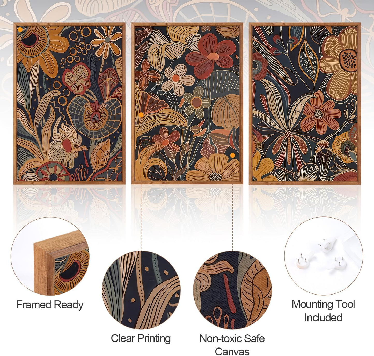 Aurlan Burnt Orange Wildflowers Botanical Wall Art Set(16"x24"), 3 Pieces Abstract Floral Blossom Framed Canvas Artwork, Large Mid Century Modern Boho Nature Wall Decor for Office Bedroom Living Room