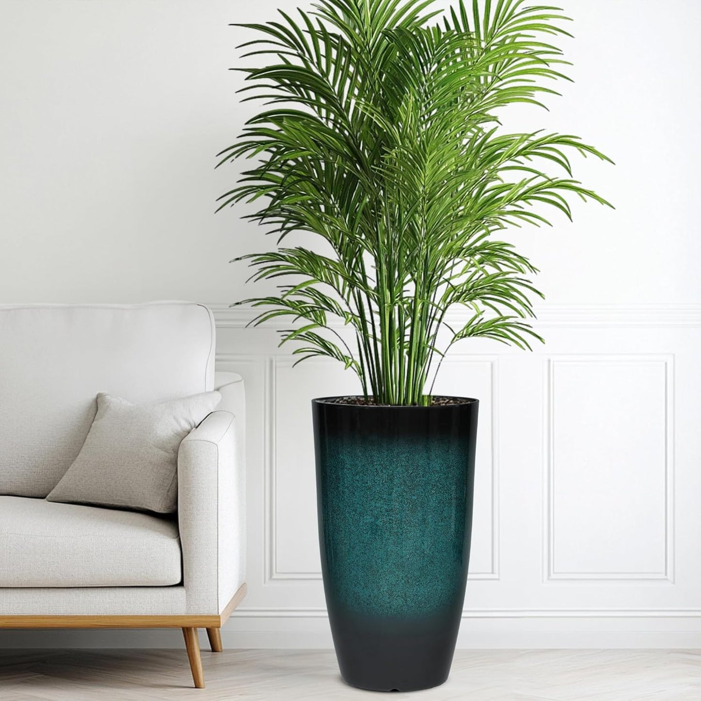 Tall Outdoor Planters, Set of 2 Large Flower Pots for Outdoor Plants, with Gradient Turquoise Finish, Weather-Resistant for Porch, Garden, Patio