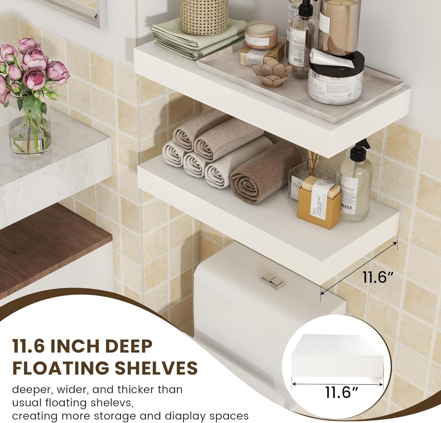 Deep Floating Shelves, 24''W x 12''D Floating Shelves White Set of 2, 12 Inch Deep Large Wood Shelves for Books Living Room Bathroom Laundry Room Bedroom Kitchen Home Office - White
