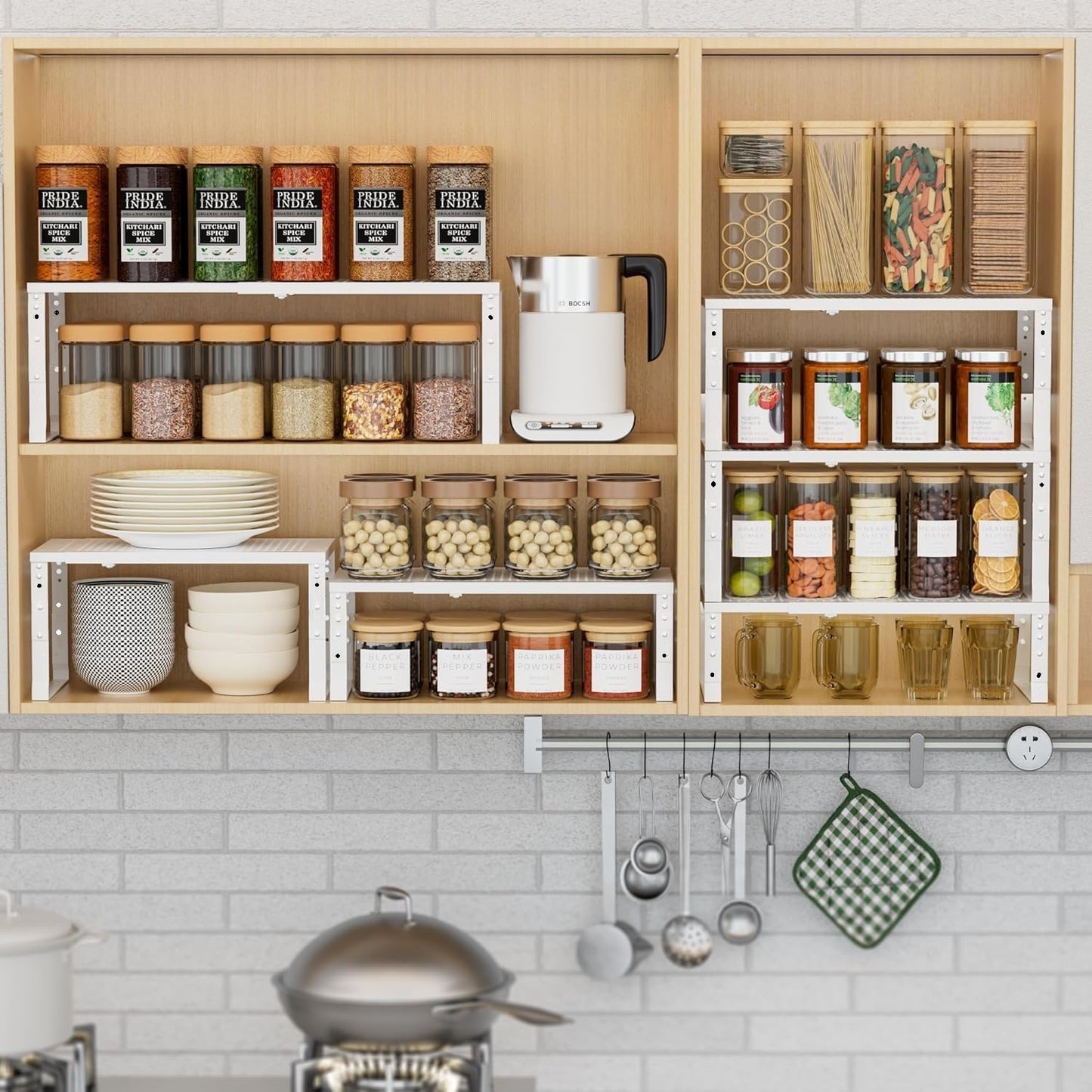 Expandable Spice Rack Kitchen Cabinet Shelf Organizer, Stackable Storage Shelves Racks, Adjustable Counter Shelving for Cabinets, Countertop, Cupboard,Pantry and More(2Packs/White/Large)