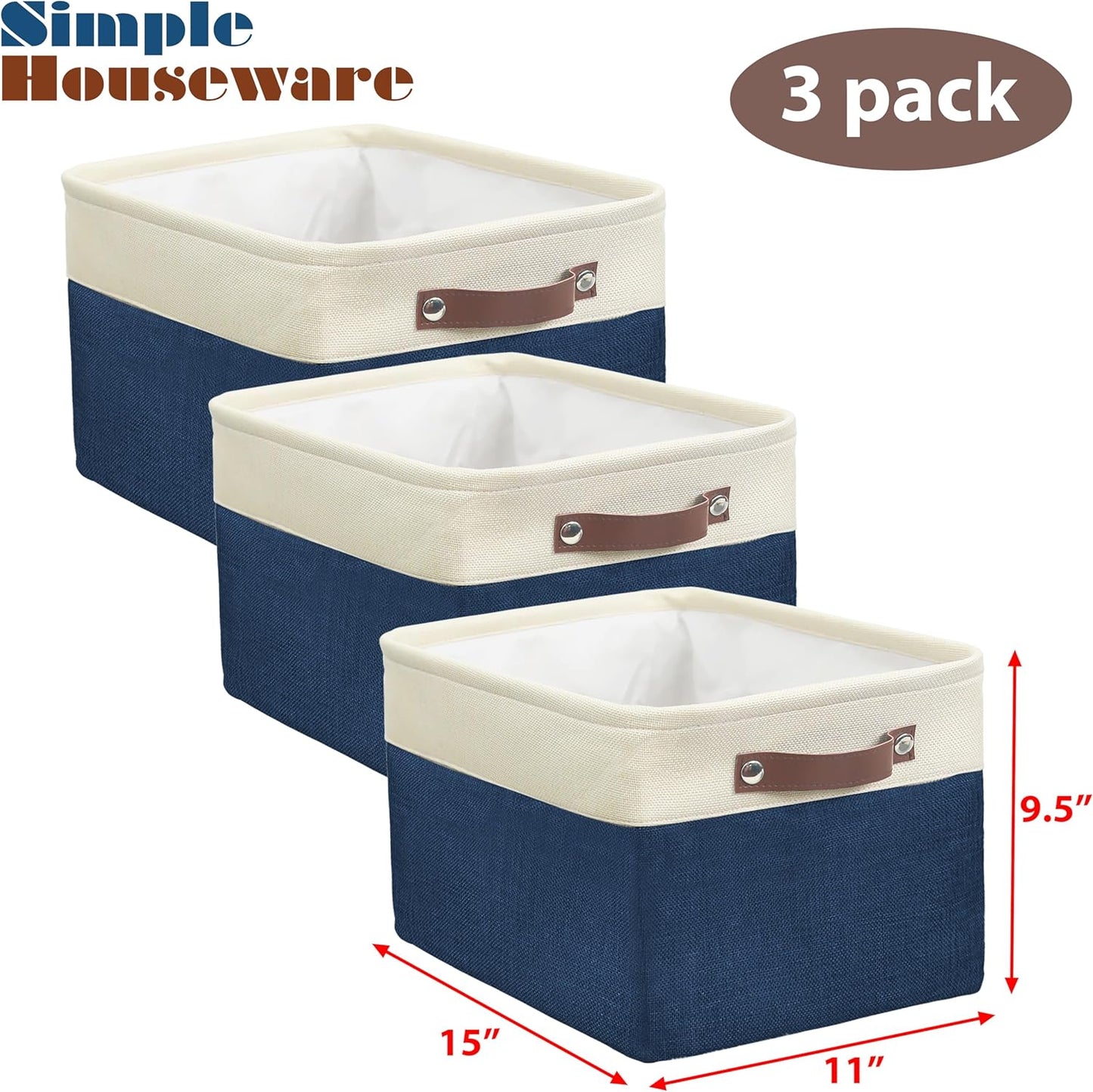 SIMPLE HOUSEWARE Large Fabric Storage Bin, 15" x 11" with Leather Like Handles, 3 Pack, Steel Blue
