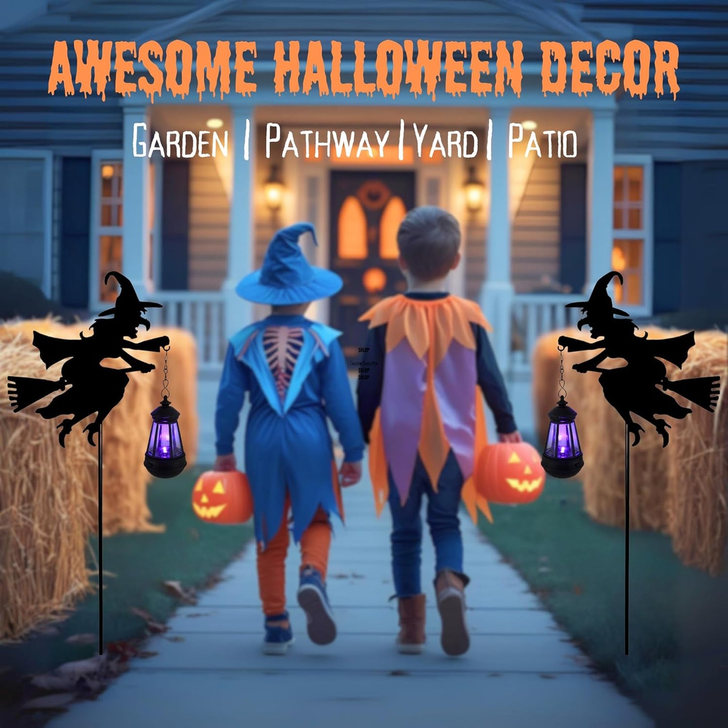 Fairy Garden Accessories Lawn Ornaments 1 Pair - Solar Lights Halloween Decorations Outdoor Garden Statue, Metal Stakes Decorative Figurines for Yard Decor, Patio (Witch)