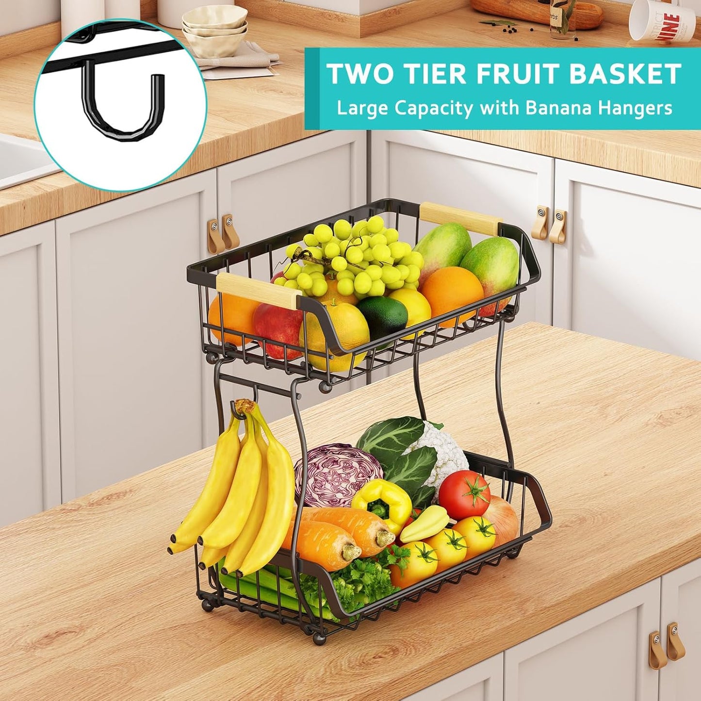 2 Tier Fruit Basket with 2 Banana Hangers, Detachable Countertop Fruit Bowls for Kitchen Counter, Metal Wire Fruit Vegetable Storage Holder Stand with Wooden Handles for Bread, Snacks, Veggies