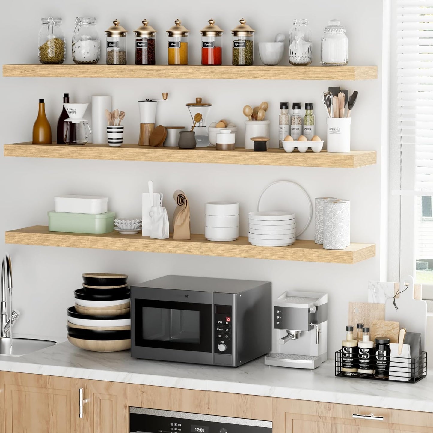 Fun Memories 55 Inch Floating Shelves - 9 Inch Deep Rustic Wooden Wall Shelves - Extra Deeper & Thicker Wall Mounted Storage Shelf for Living Room, Kitchen, Farmhouse - 55" W x 9" D x 1.8" H - Oak