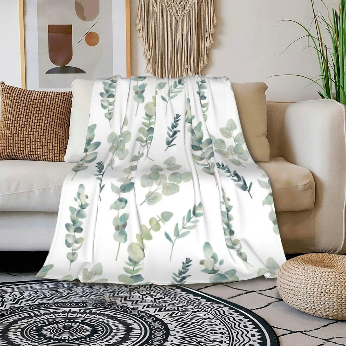 HGOD DESIGNS Watercolor Eucalyptus Flannel Fleece Bed Blanket Throw Blanket Lightweight Cozy Plush Blanket for Bedroom Living Rooms Sofa Couch 40"x50"