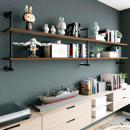 Industrial Pipe Wall Shelves Pipe Shelving with Real Wood Plank,70 Inches Floating Shelves for Wall Farmhouse Pipe Book Shelves Dark Brown 2 Tier for Kitchen,Living Room Decor and Bar Shelving