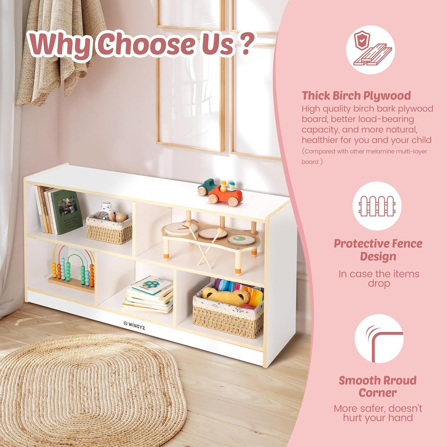 Toy Storage Organizer for Kids, 5-Compartment Wooden Storage Cabinet, Children Bookcase and Montessori Bookshelf, Book Shelf for Kids Room, Playroom, Living Room, Nursery, Classroom 24'' H(White)