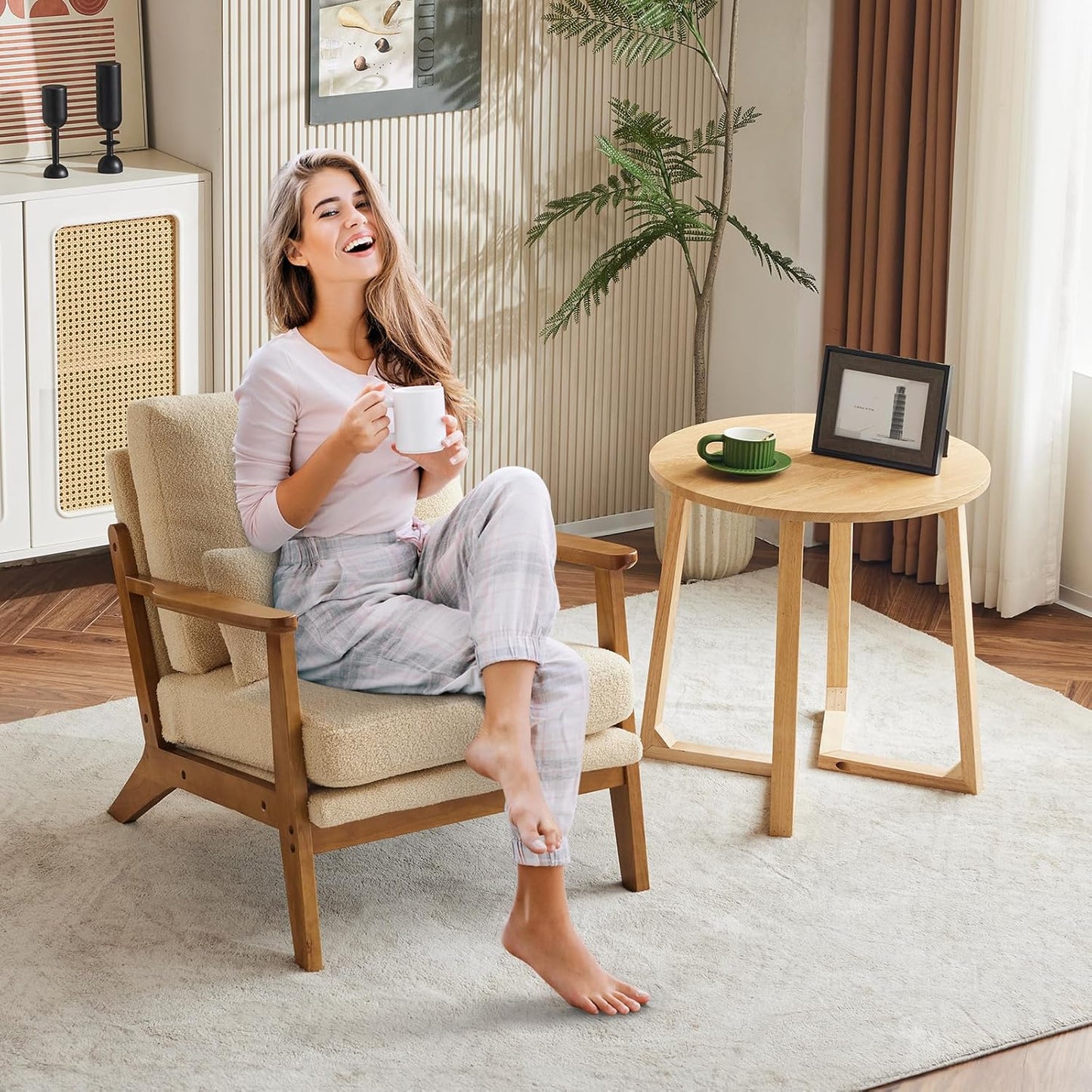 Karl home Accent Chair Wide Armrest Mid-Century Lounge Chair Teddy Fleece Armchair with Lumbar Pillow & Solid Wood Frame for Living Room, Bedroom, Balcony, Khaki