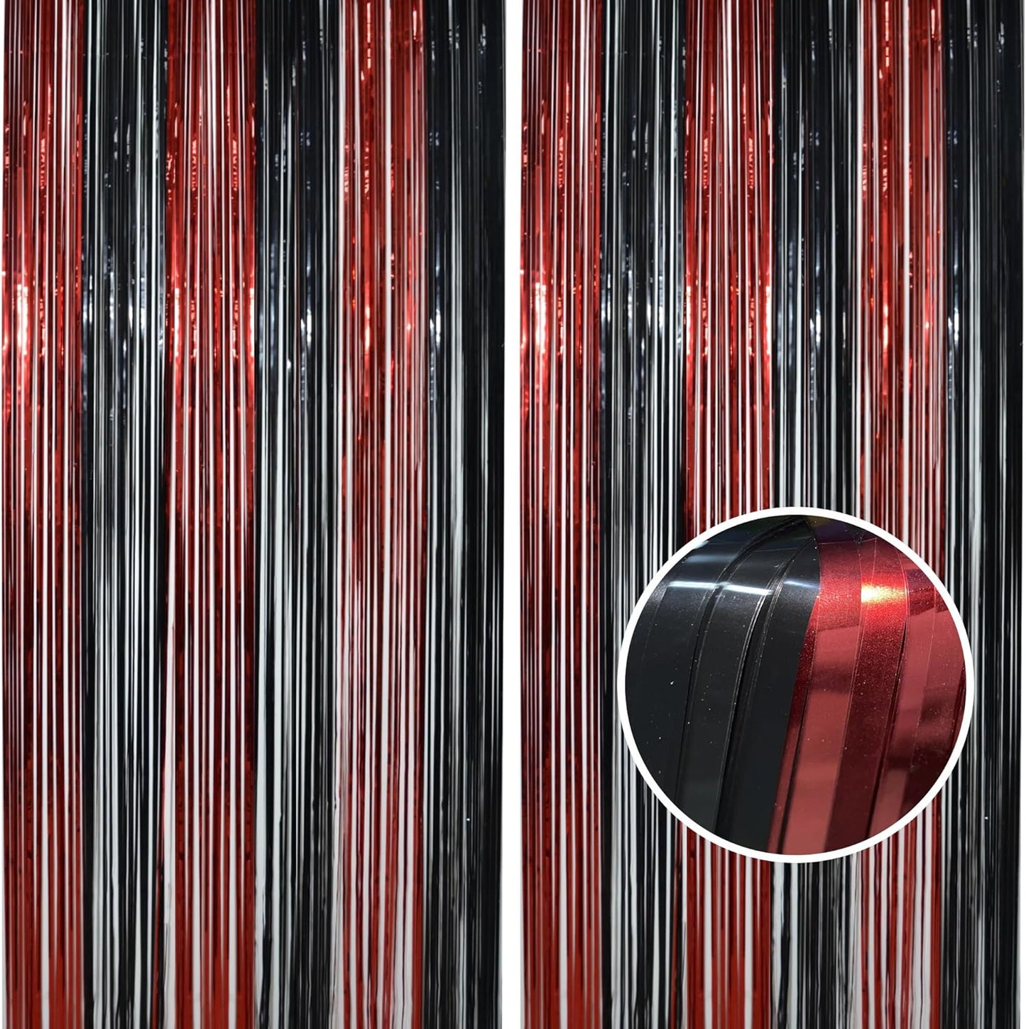 BRAVESHINE Tinsel Photo Backdrop Curtains - 2 Pack 3.2x8.2ft Black Red Foil Fringe Streamer Curtain for Halloweens, Lantern, Pumpkin, Home, Indoor or Outdoor Party Supplies Decorations
