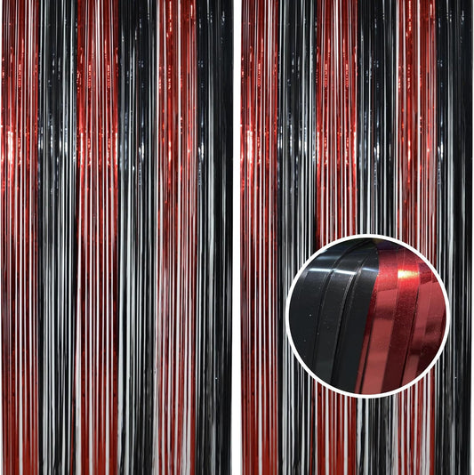 BRAVESHINE Tinsel Photo Backdrop Curtains - 2 Pack 3.2x8.2ft Black Red Foil Fringe Streamer Curtain for Halloweens, Lantern, Pumpkin, Home, Indoor or Outdoor Party Supplies Decorations