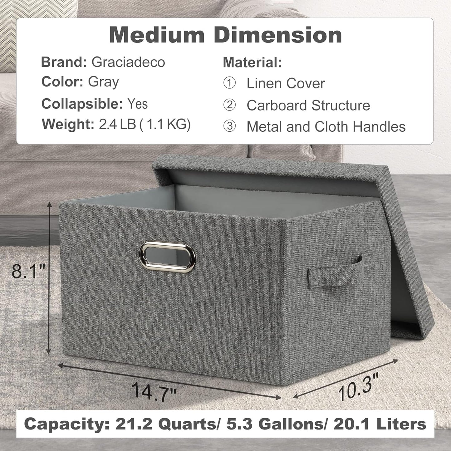 Medium 15" 21 Quart Collapsible Stackable Storage Bins with Lids, 3 Packs Grey Foldable Fabric Closet Boxes Heavy-duty Linen Cube Baskets Container for Bedroom Office (15 x 11 x 8)