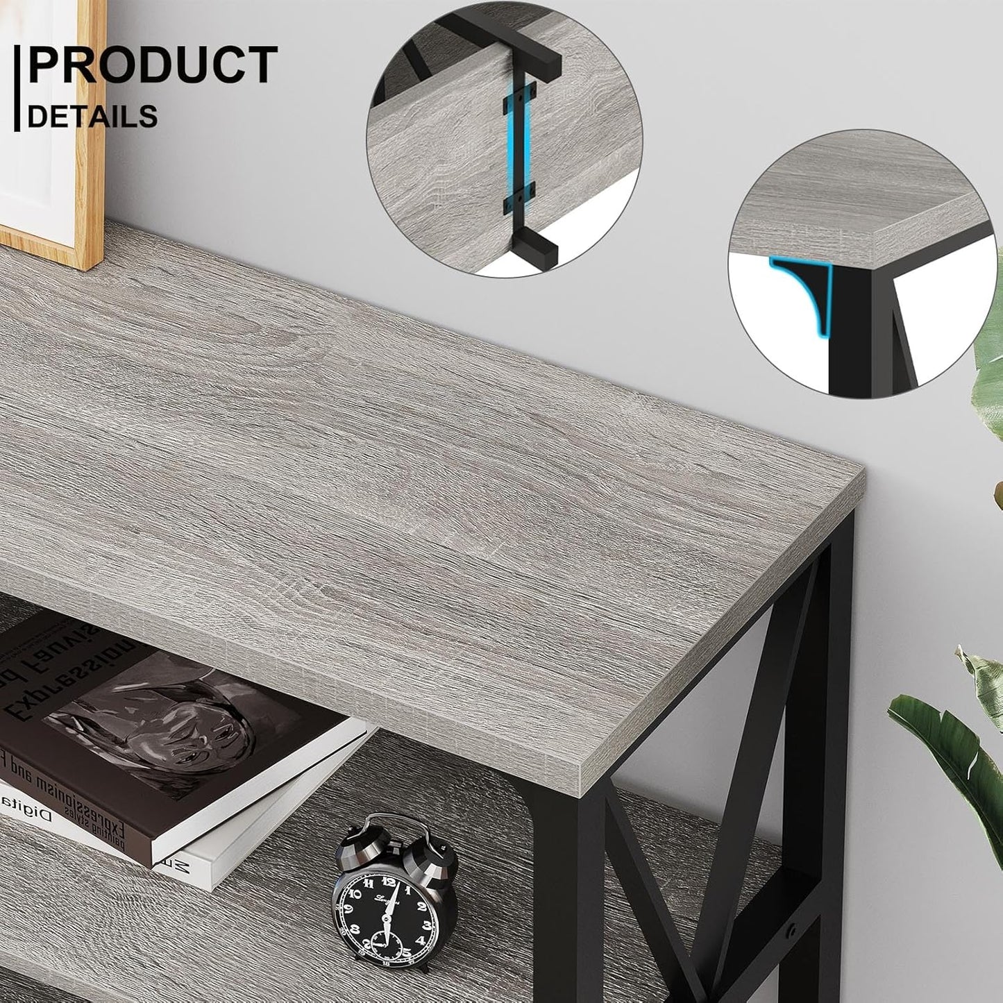 LVB Industrial Entryway Table, Farmhouse Rustic Console Table Behind Couch, Long Metal Wooden Sofa Table with Storage Shelf, Modern Foyer Hallway for Living Room Bedroom, Light Grey Oak, 63 in