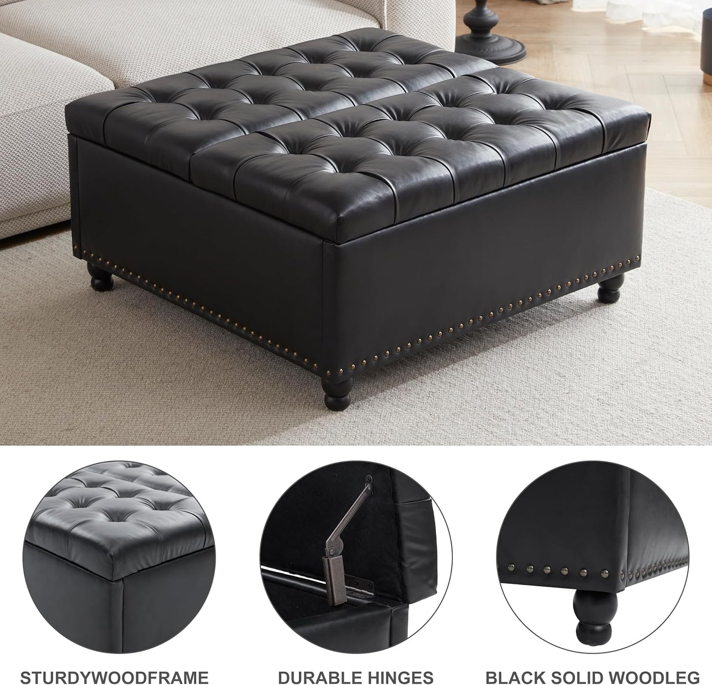 Tbfit Large Square Storage Ottoman Bench, Tufted Upholstered Coffee Table Ottomans with Lift Top & Solid Wood Legs, Oversized Storage Ottomans Toy Box for Living Room (Black)