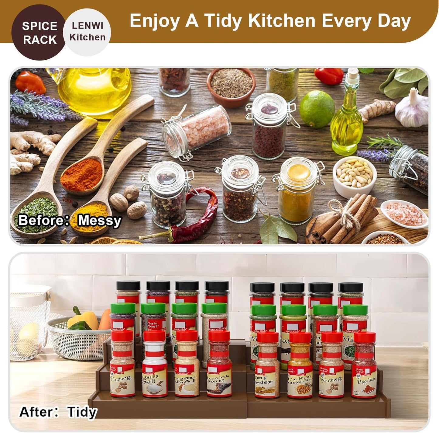 Spice Rack Organizer for Cabinet 2Pack, 3 Tier Expandable Bamboo Spice Storage, Great for Kitchen Cabinet, Cupboard,Pantry and More(Brown)