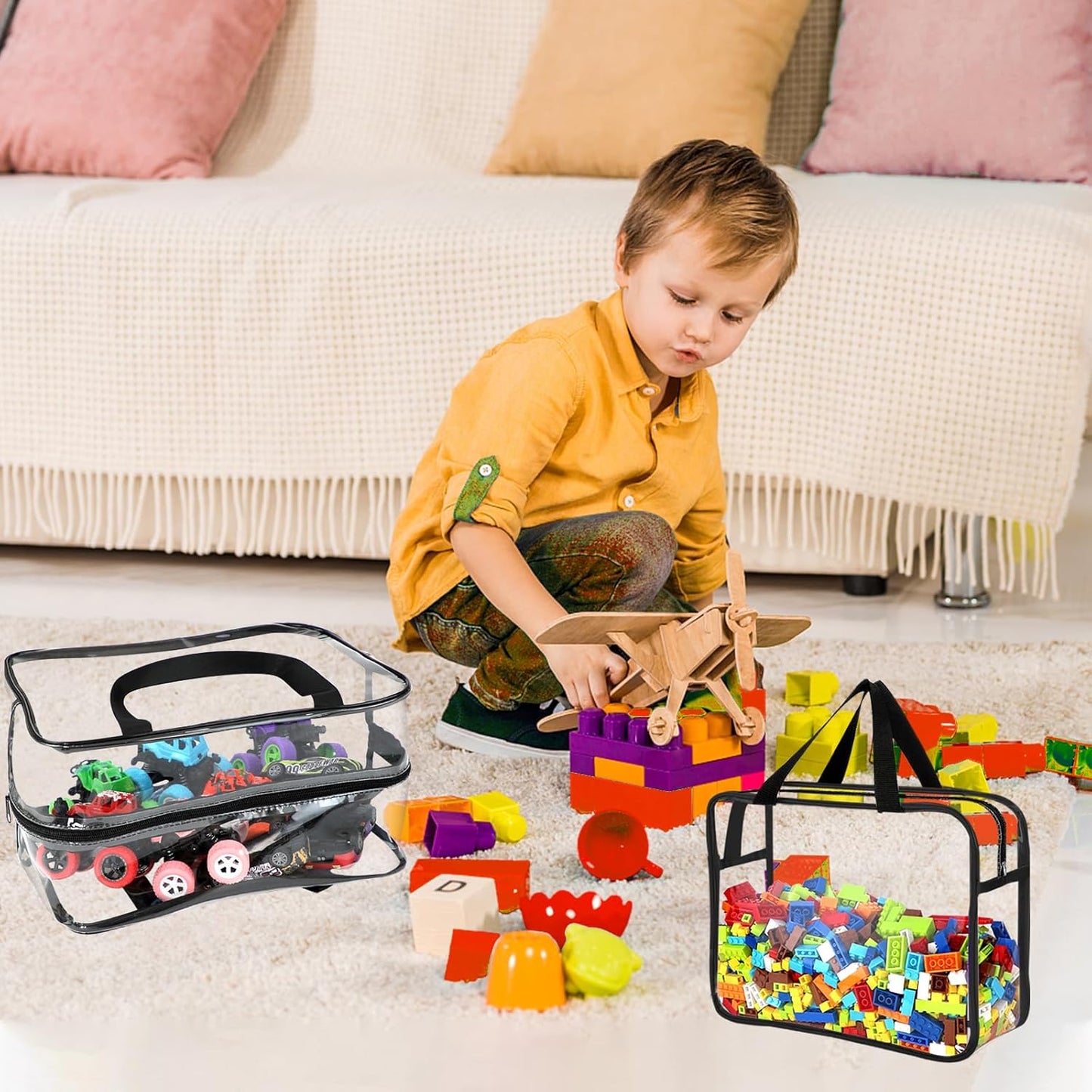 6 Packs Large Toy Storage Bags with Labels, Reusable Clear PVC Board Game Storage, Travel Waterproof Organizer Bags with Zipper for Building Blocks, Puzzle, Kids Books(3 large & 3 Extra Large)