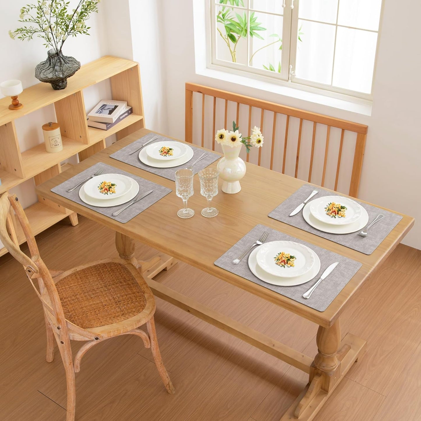 FROMHEART Faux Leather Placemats Set of 4–Waterproof,Heat/Oil Stain-Resistant PU Table Mat–Reversible,Non-Slip,Easy to Clean Place Mats for Kitchen,Dining,Indoor/Outdoor,(Light Grey,11.8" x 17")