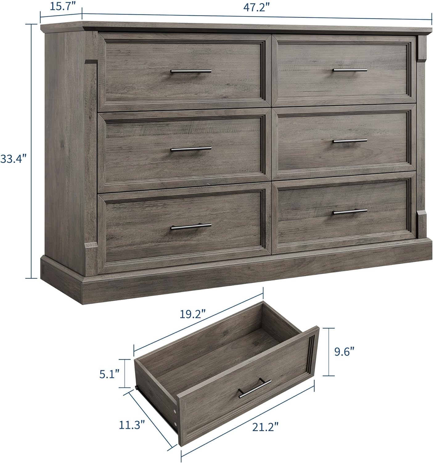 GAOMON Grey 6 Drawer Dresser for Bedroom, Farmhouse 47.2" Wide Chest of Drawers with Metal Handles, Rustic Double Wood Dresser, Storage Dressers Organizer for Living Room, Nursery