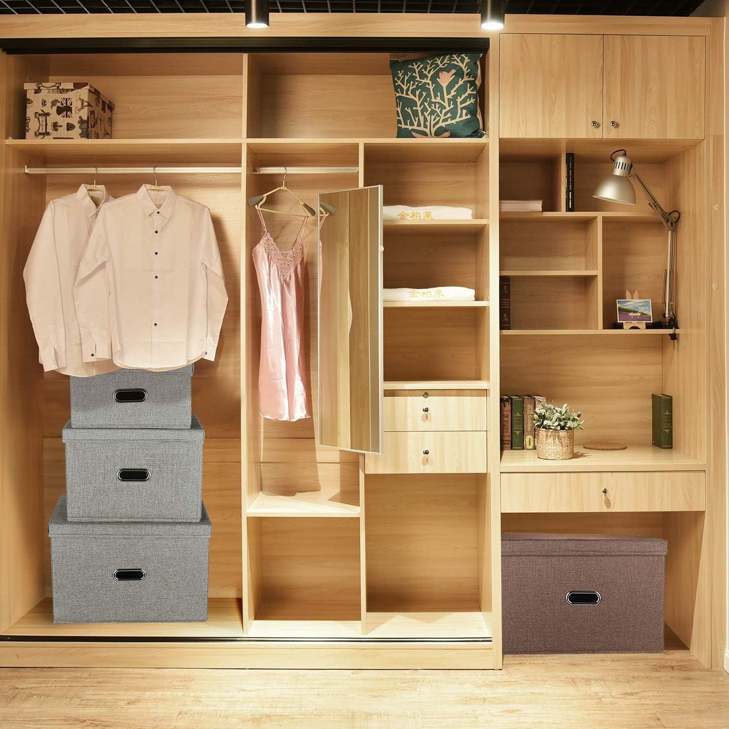 Linen Fabric Collapsible Storage Bins with Removable Lids and Handles, Washable Storage Box Containers Baskets Cube with Cover for Bedroom,Closet,Office,Living Room,Nursery (Green, Small)